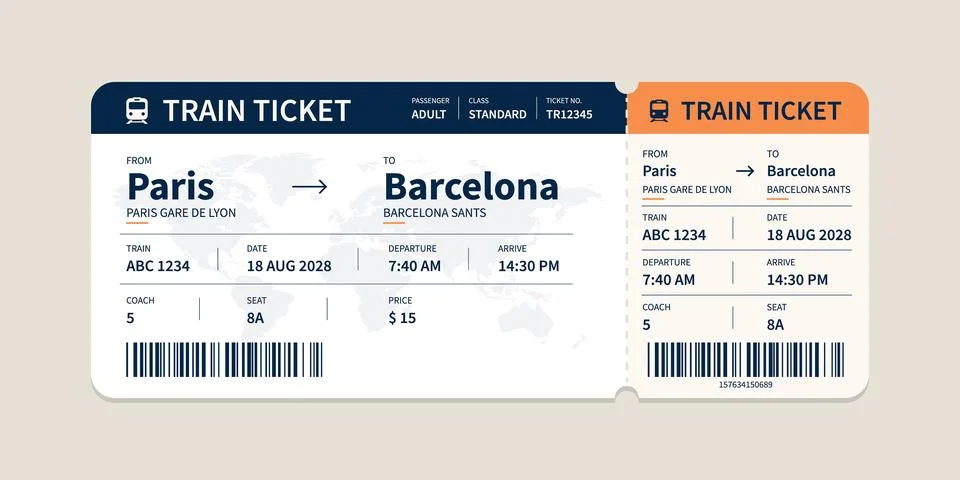 Vector flat train ticket template with passenger information and trip. Stock Illustration