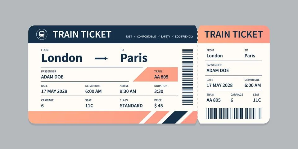 Vector flat train ticket template with passenger information and trip. Illustrazione stock