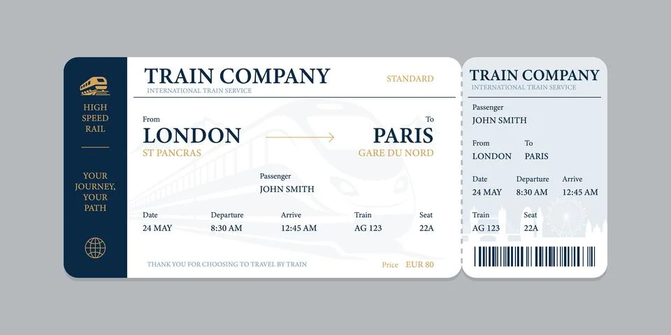 Vector flat train ticket template with passenger information and trip. Illustrazione stock