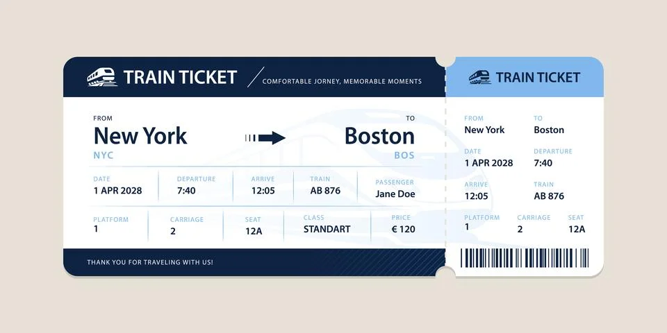 Vector flat train ticket template with passenger information and trip. Illustrazione stock