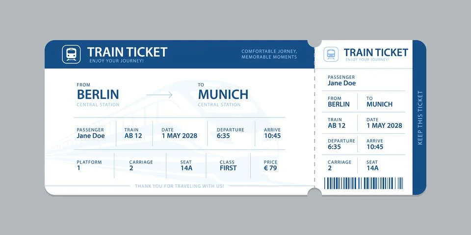 Vector flat train ticket template with passenger information and trip. Illustrazione stock