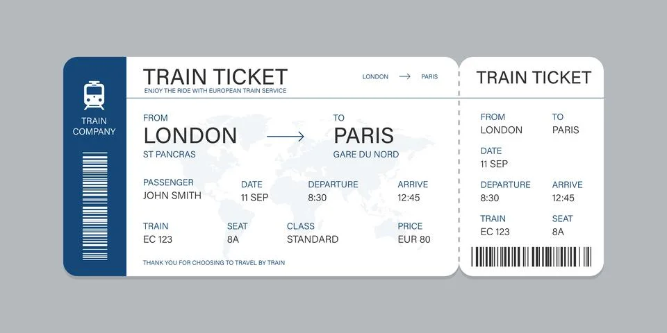Vector flat train ticket template with passenger information and trip. Stock Illustration