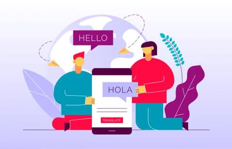 Vector flat translation design concept of  big modern people, holding smartph Stock Illustration
