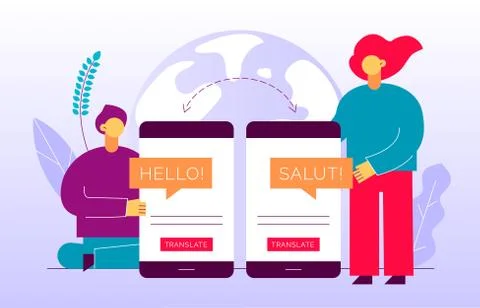 Vector flat translation design concept of  big modern people, holding smartph Stock Illustration