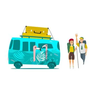 Vector flat travelling vintage minivan car Illustrazione stock