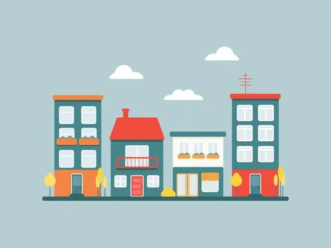 Vector flat urban landscape with multicolored colorful houses Stock Illustration