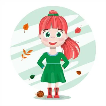 Vector flat ute smile girl. Cartoon pretty little woman in dress with background Stock Illustration