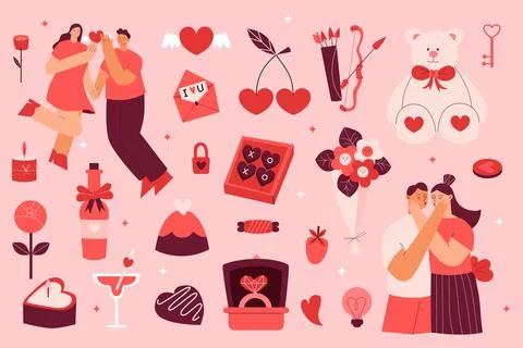 Vector Flat Valentines day set with various romantic elements and character Stockillustratie