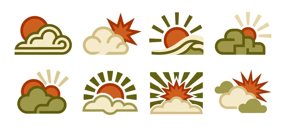 Vector of Flat weather icons set with sun and clouds Stock Illustration