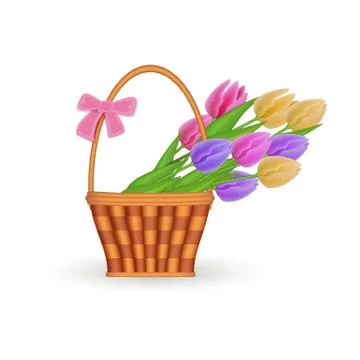 Vector flat wicker basket with flowers easter icon Illustration