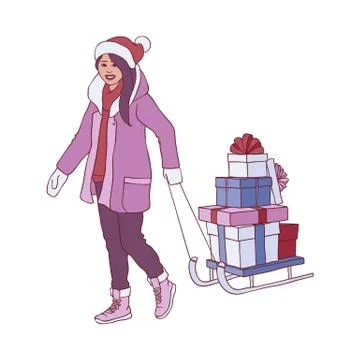 Vector flat woman with present gift boxes sleigh Stock Illustration