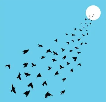 Vector flock of many birds flying towards sun Stock Illustration