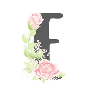 Vector floral alphabet letter E with pink cream rose flowers and green leaves Stockillustratie