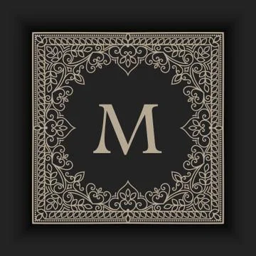 Vector floral and geometric monogram frame on dark gray background. Monogram  Stock Illustration