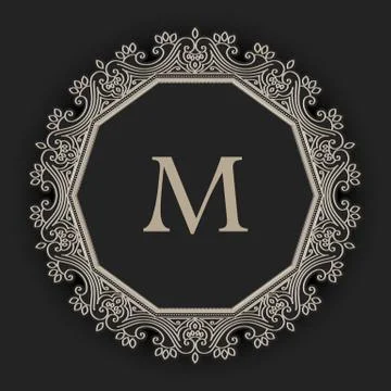 Vector floral and geometric monogram frame on dark gray background. Monogram  Stock Illustration