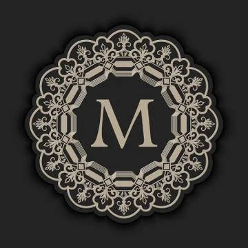 Vector floral and geometric monogram frame on dark gray background. Monogram  Stock Illustration