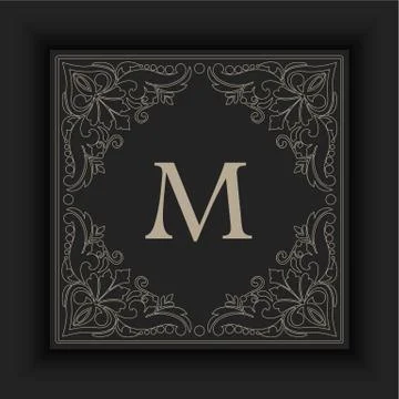 Vector floral and geometric monogram frame on dark gray background. Monogram  Stock Illustration