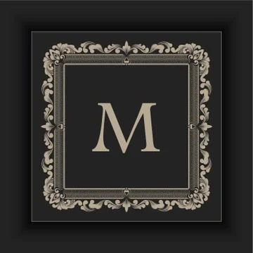 Vector floral and geometric monogram frame on dark gray background. Monogram  Stock Illustration