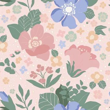 Vector floral background with hand drawn pastel colored flowers, leaves and.. Stock Illustration