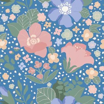Vector floral background with hand drawn pastel colored flowers, leaves and b Stock Illustration