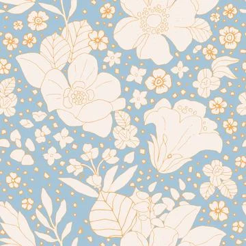 Vector floral background with hand drawn pastel colored flowers, leaves and b Stock Illustration