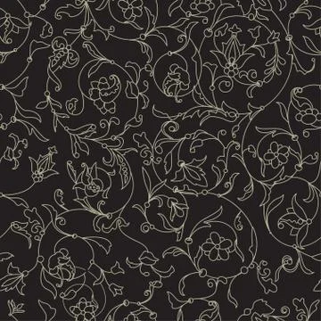 Vector floral black seamless texture with white contour flowers. EPS 10 seamless Stock Illustration