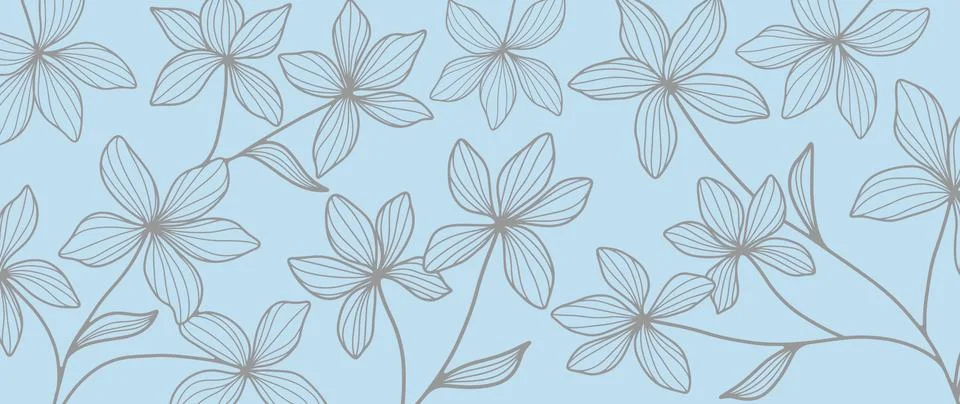 Vector floral blue background with outlines of flowers, twigs and leaves Stock Illustration
