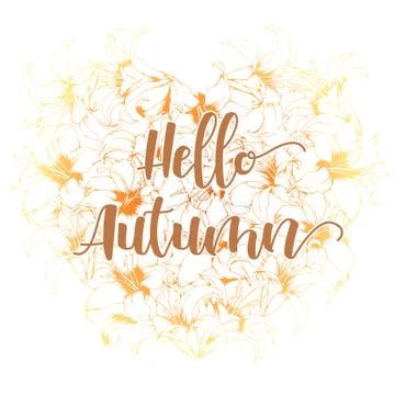 Vector floral card with heart shape made from hand drawn lilies and lettering Stock Illustration
