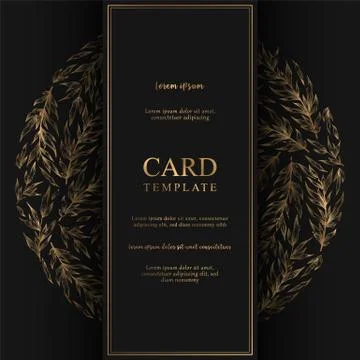 Vector floral card with round frame from gold hand drawn tree branches and le Stock Illustration