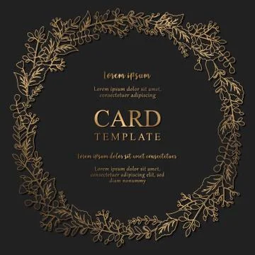Vector floral card with round frame from hand drawn golden leaves, herbs and  Stock Illustration