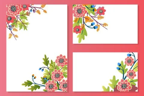 Vector floral cards set with spring flowers peony, hydrangea, rose cartoon Stock Illustration