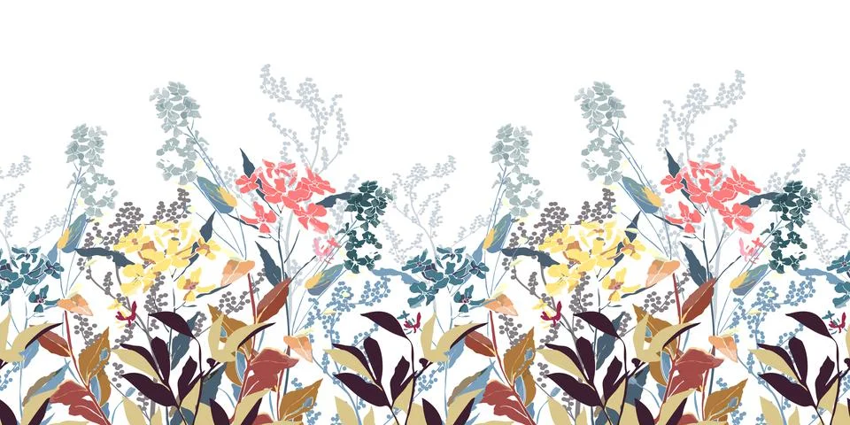 Vector floral decorative seamless pattern, border. Yellow, grey, pink, blue Illustrazione stock