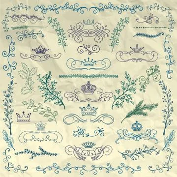 Vector Floral Design Elements, Crowns on Crumpled Paper 库存插图