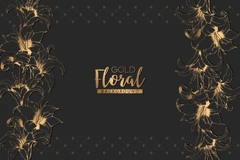 Vector floral elegant card with hand drawn gold lilies and leaves isolated on Stock Illustration