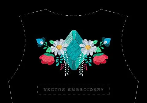 Vector floral embroidery effect with precious stone イラスト素材