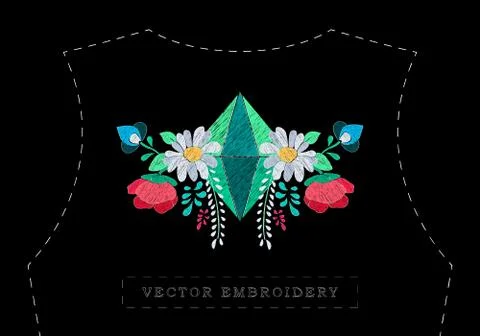 Vector floral embroidery effect with precious stone イラスト素材