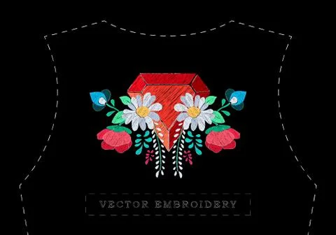 Vector floral embroidery effect with precious stone Stock Illustration