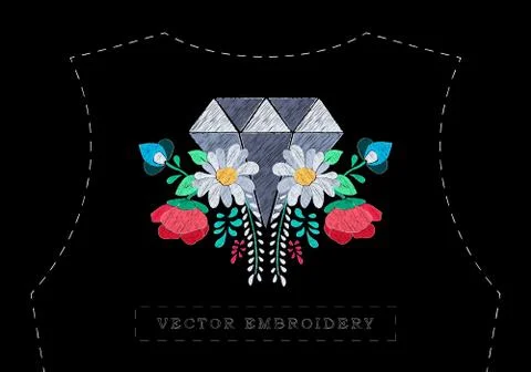 Vector floral embroidery effect with precious stone Stock Illustration