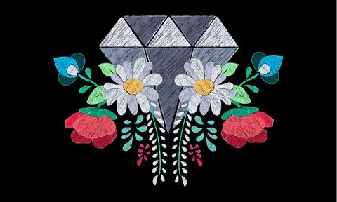 Vector floral embroidery effect with precious stone イラスト素材