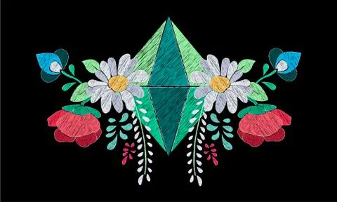 Vector floral embroidery effect with precious stone イラスト素材