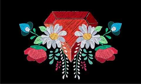 Vector floral embroidery effect with precious stone Stock Illustration