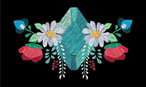 Vector floral embroidery effect with precious stone Stock Illustration