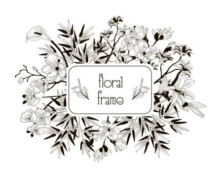 Vector Floral Frame with Flowers, Branches, Leaves Stock Illustration