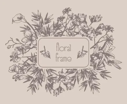 Vector Floral Frame with Flowers, Branches, Leaves Stock Illustration