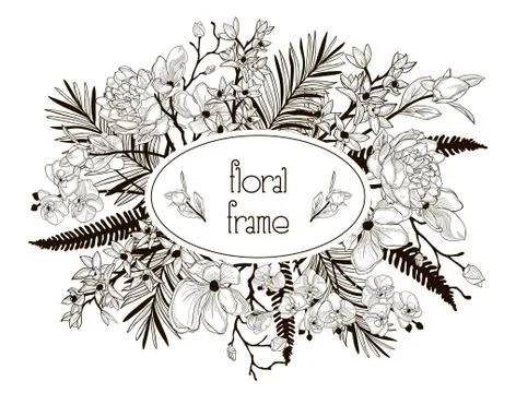 Vector Floral Frame with Flowers, Branches, Leaves Stock Illustration