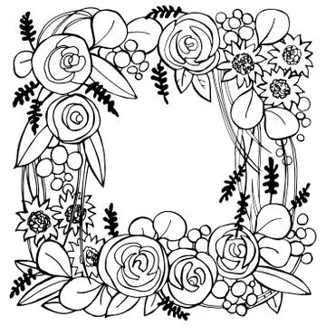 Vector floral frame with hand drawn flowers. Stock Illustration