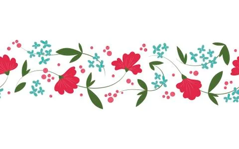 Vector floral horizontal seamless pattern with flat red and blue flowers Stock Illustration