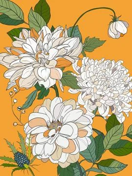 Vector floral interior poster of beige and white chrysanthemums. Hand painted Stock Illustration