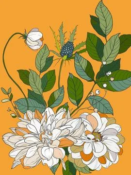 Vector floral interior poster of chrysanthemums and leaves. Hand painted floral Stock Illustration
