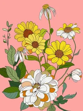 Vector floral interior poster of gerberas, daisies, chamomiles and Stock Illustration
